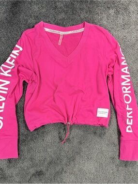Calvin Klein Hot Pink V-Neck Drawstring Cropped Sweatshirt